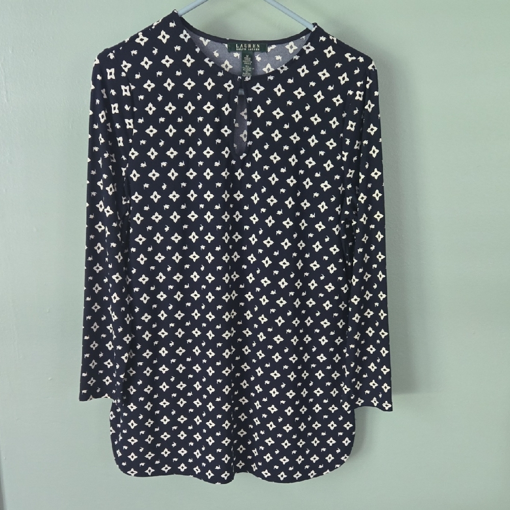 Ralph Lauren Blue and White 3/4 Sleeve Blouse with Mandarin Collar